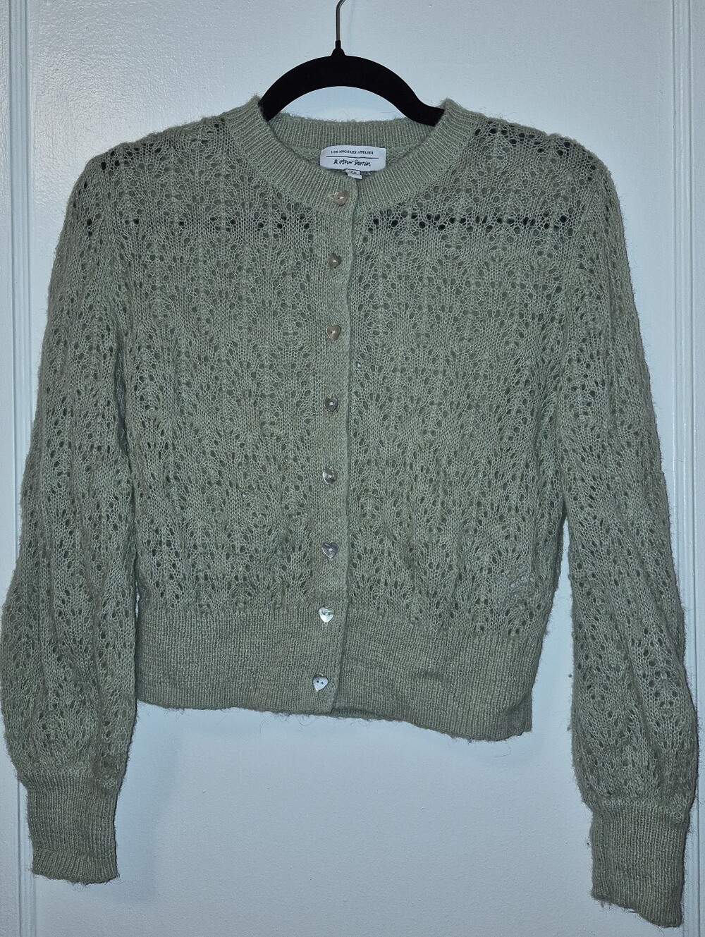 & Other Stories Mint Green Eyelet Knit Heart Button Cardigan, Size XS